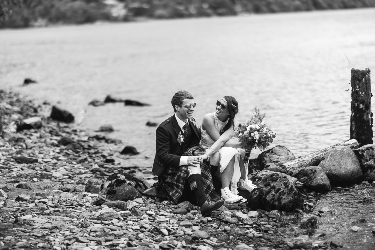 black and white couple portrait at loch tay wedding