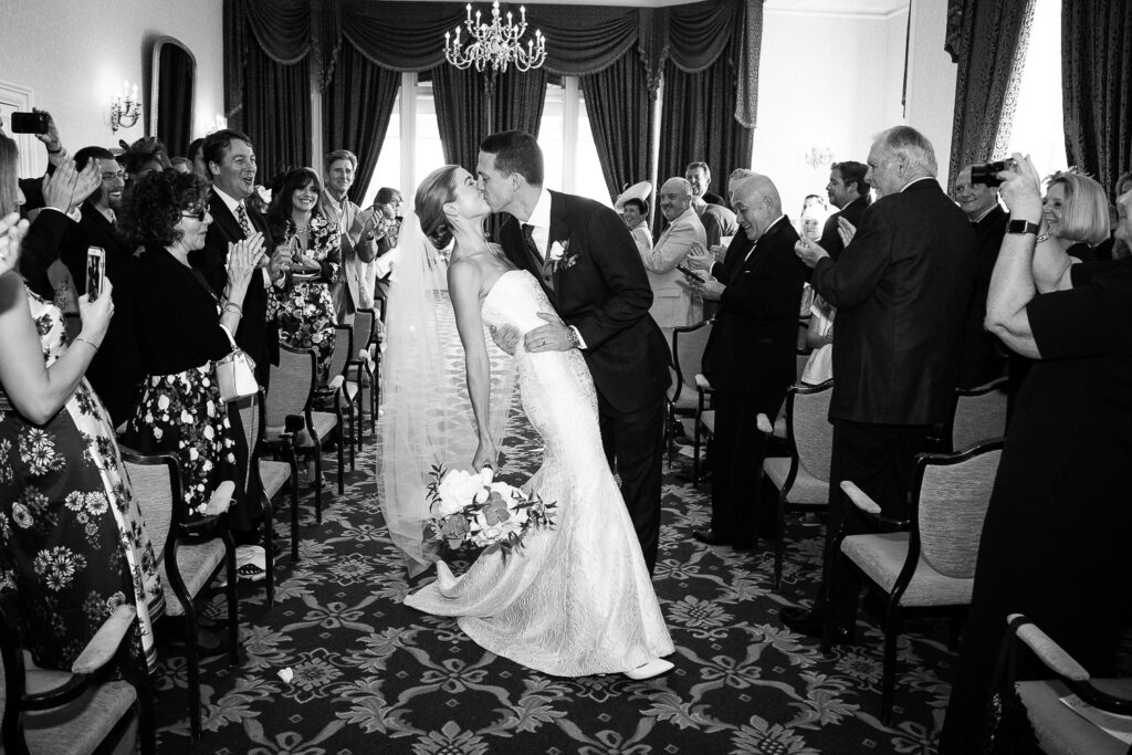wedding couple dip walking up the aisle in crieff hydro drawing room